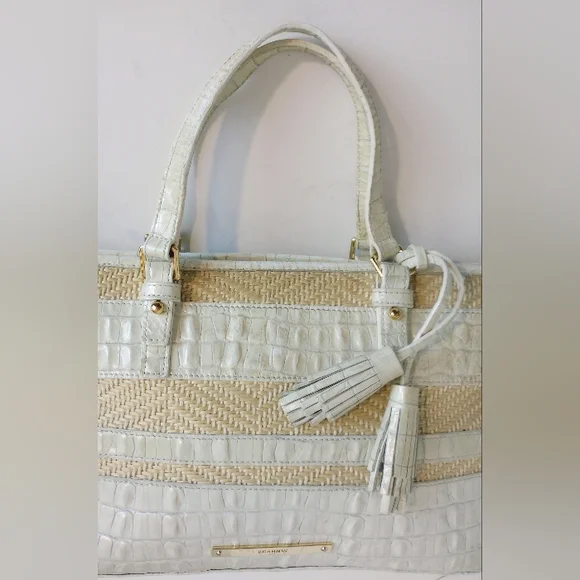 Brahmin Snowball Raffia And Croc Embossed Leather Crossbody Satchel Purse - Picture 3 of 9